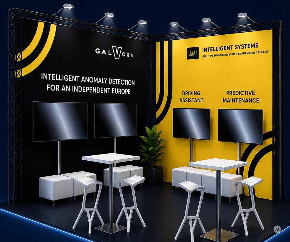 Visualisierung des Galvorn-Standes auf der InnoTrans: eine schwarze Wand mit dem Galvorn-Logo, daneben eine gelbe Wand von JAAI Intelligent Systems, davor Bildschirme, Stehtische und Hocker (KI-generiert)