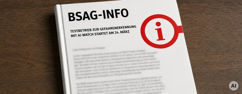 Nachbildung der BSAG-Mitteilung zum Start des AI-Watch-Testbetriebs (KI-generiert)