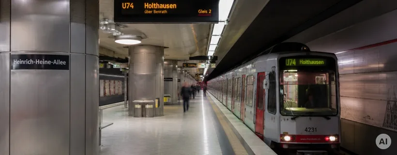 Der U-Bahnhof Heinrich-Heine-Allee in Düsseldorf, eine Bahn der Linie U74 hält am Bahnsteig (KI-generiert)